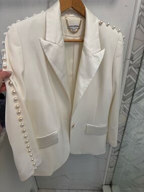 NADINE MERABI Cream Pearl-Trim Blazer and a matching top